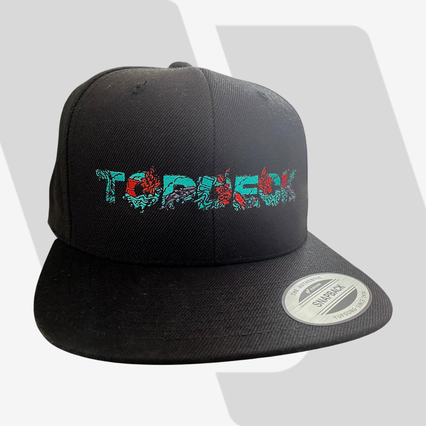 Black cap with colorful 'TopDeck' text logo on a white background