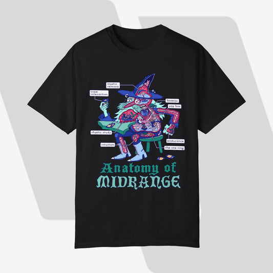 Black t-shirt with colorful graphic and 'Anatomy of Midrange' text on a white background