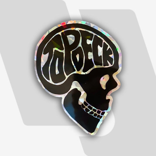 Holographic 'Tattoo' skull sticker on a white background
