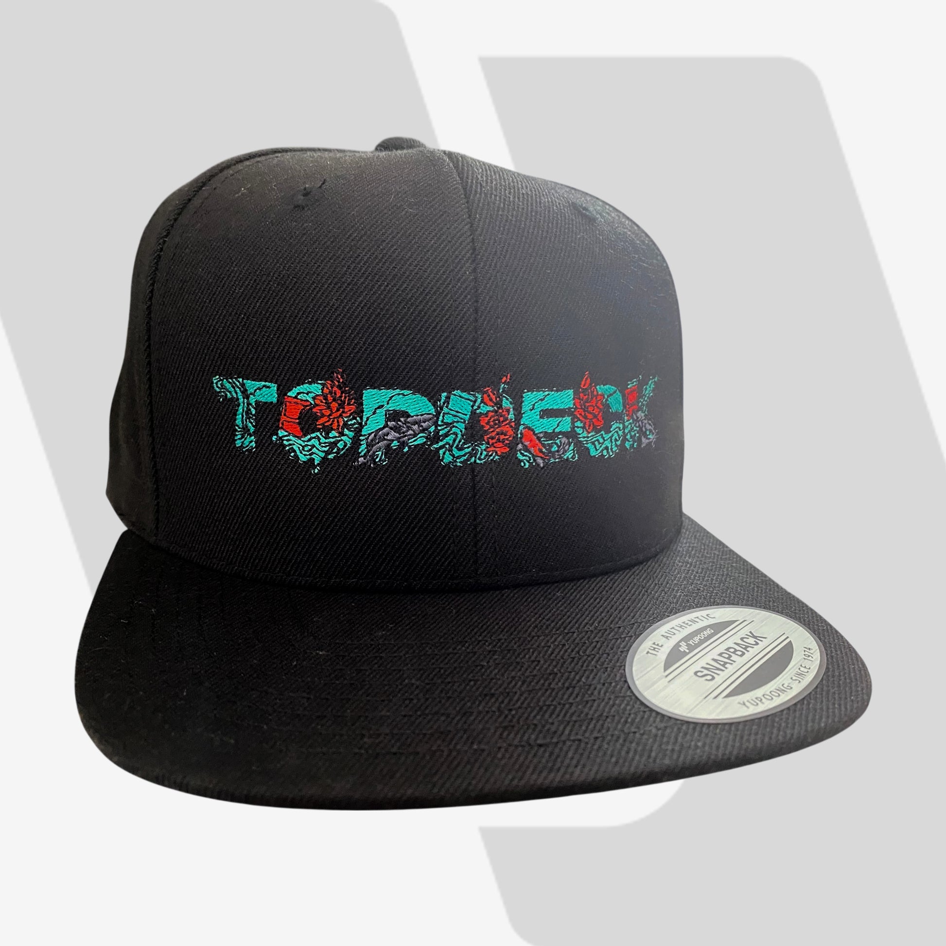 Black cap with colorful 'TopDeck' text  logo on a white background
