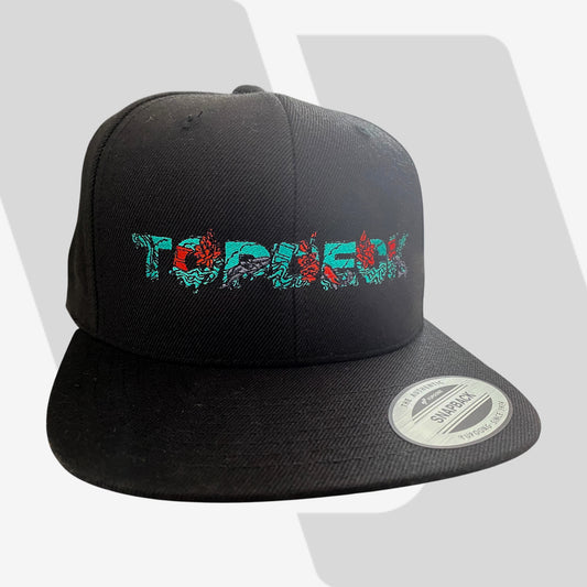 Black cap with colorful 'TopDeck' text  logo on a white background