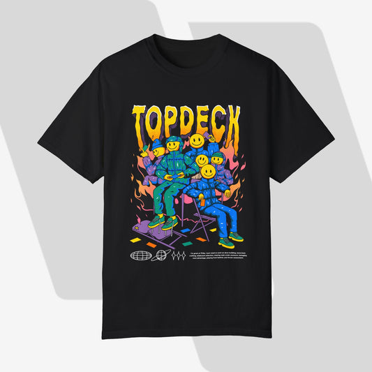 Black t-shirt with colorful graphic design and 'Topdeck' text on a white background