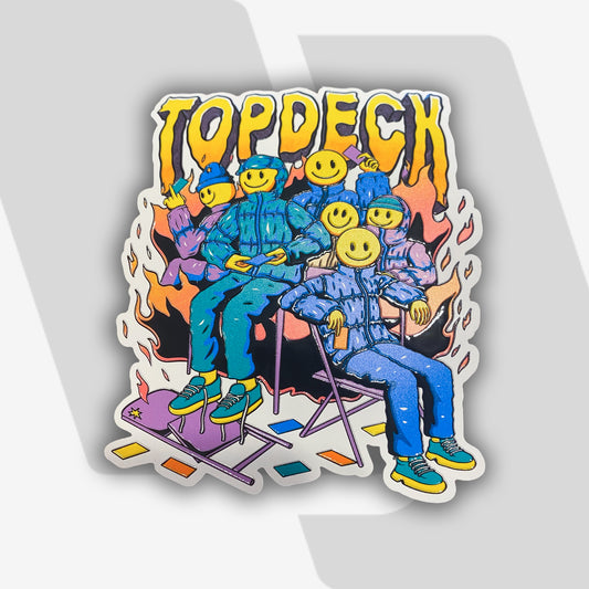 TopDeck.gg Smiley Squad embossed sticker featuring cartoon characters in blue outfits with yellow smiley faces sitting in chairs surrounded by flames.
